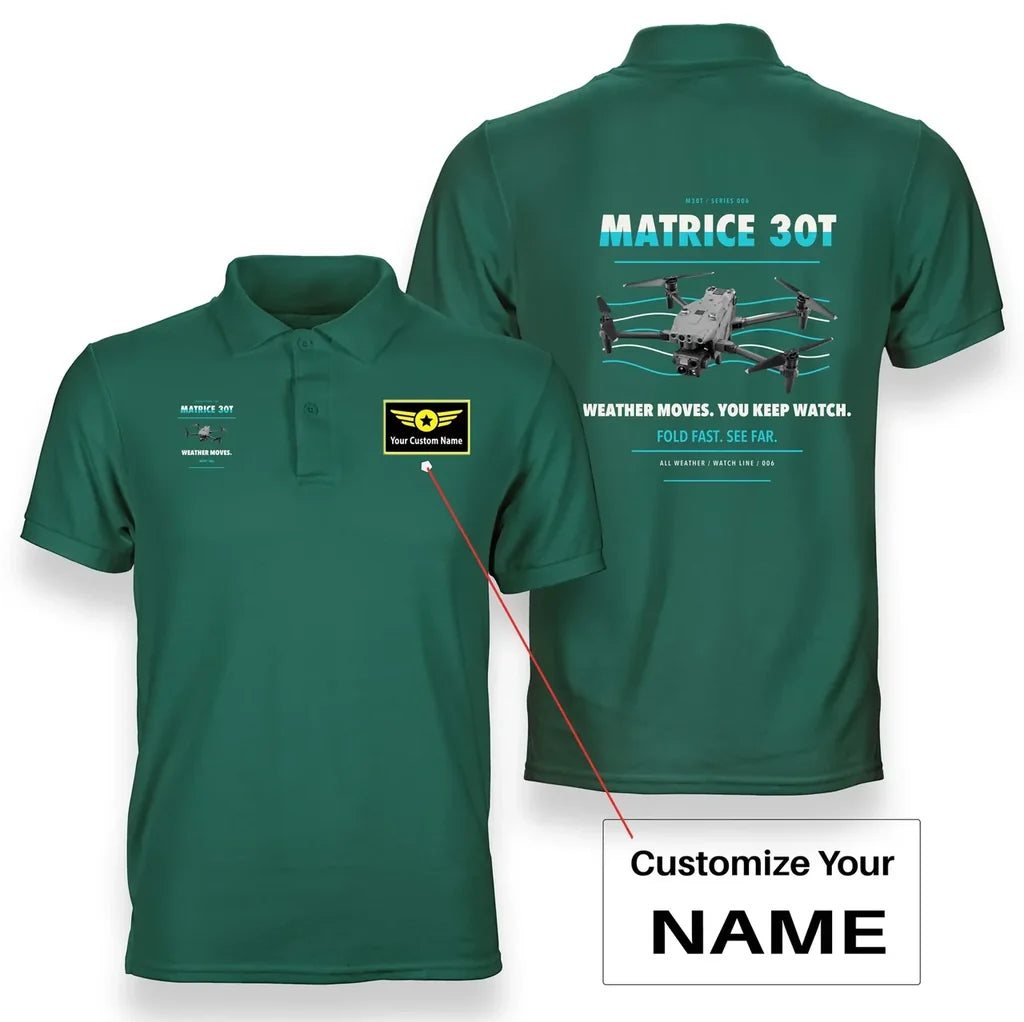 DJI Matrice 30T design on green polo with custom name badge