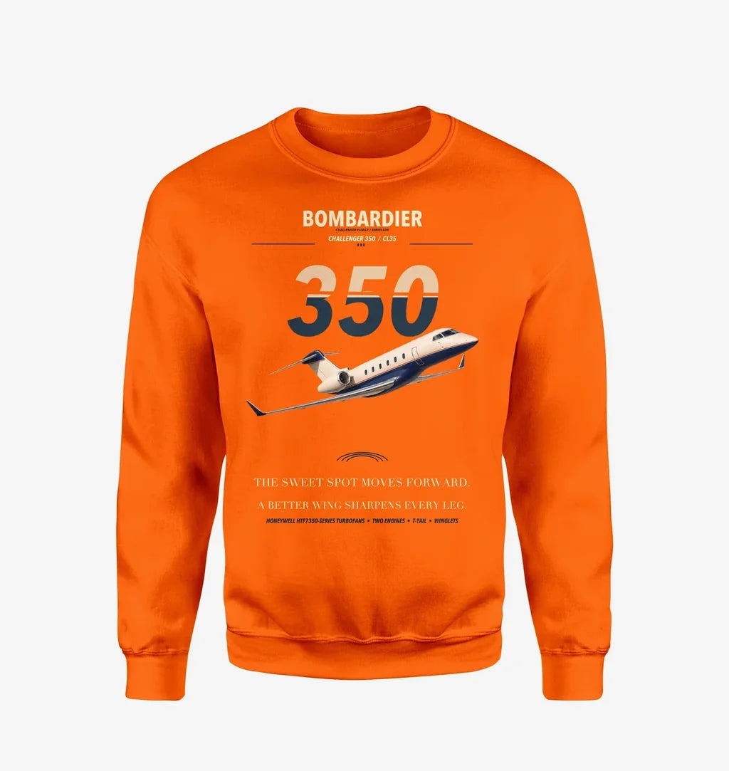Bombardier Challenger 350 design on orange sweatshirt