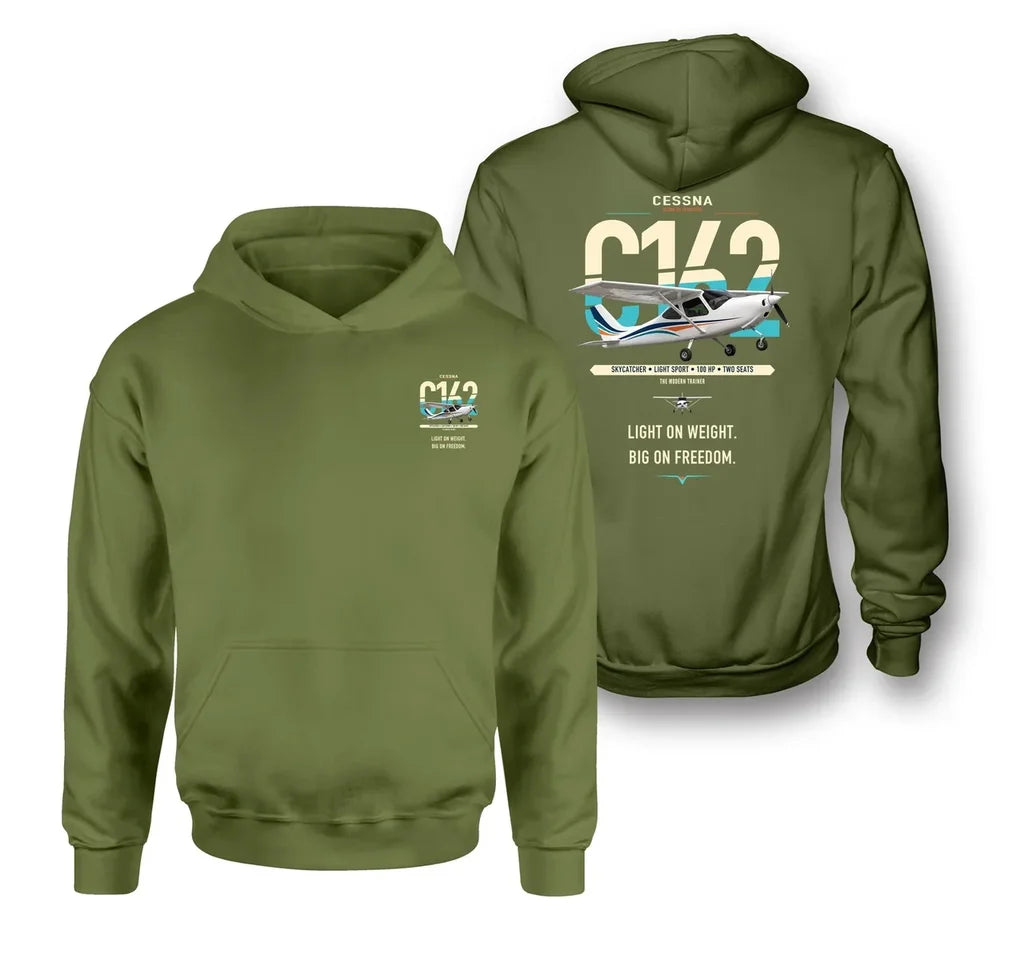 Cessna 162 Skycatcher design on green army double-side hoodie, double-side print