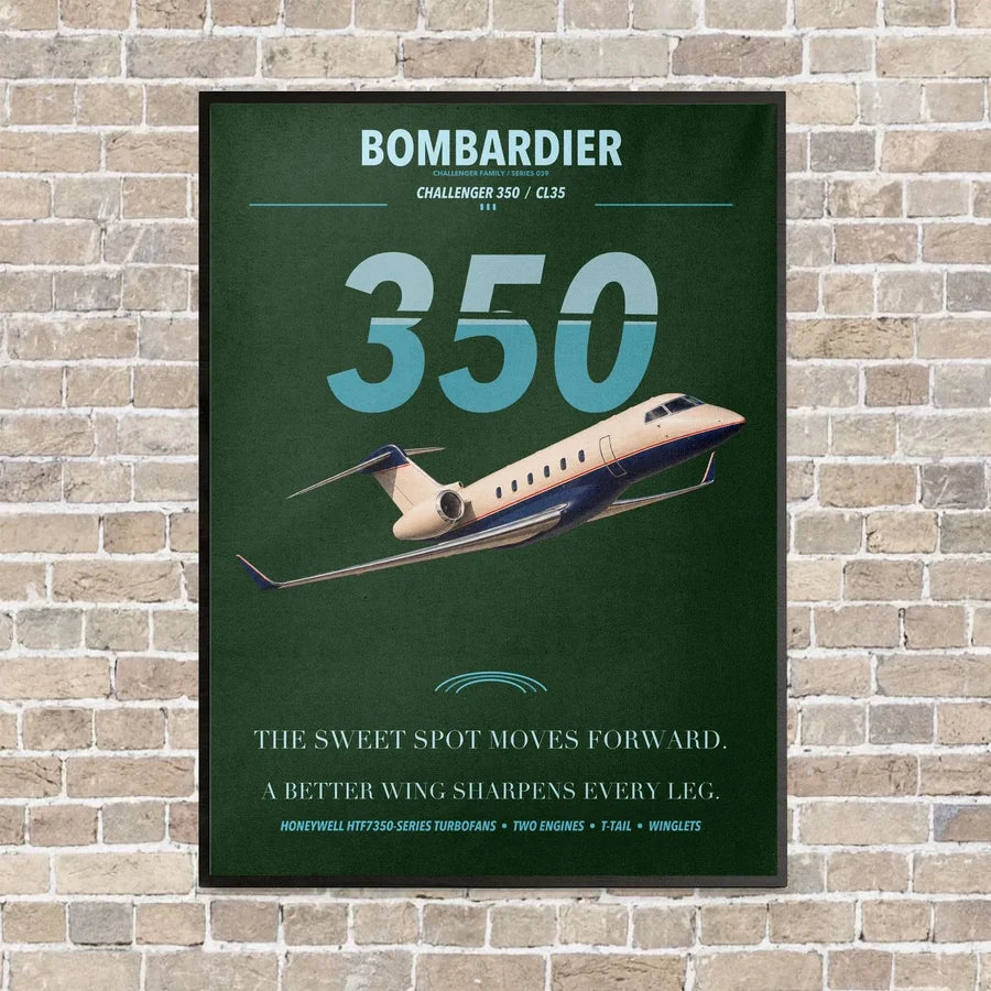 Bombardier Challenger 350 vertical canvas print - framed - dark green background