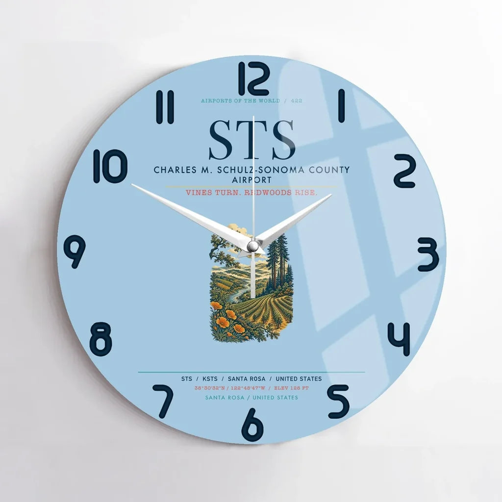 Charles M. Schulz–Sonoma County Airport Santa Rosa (STS) design on light blue no frame wall clock
