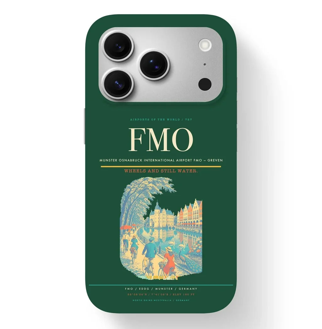 Greven Airport (FMO) design on dark green iPhone 17 Pro MagSafe case