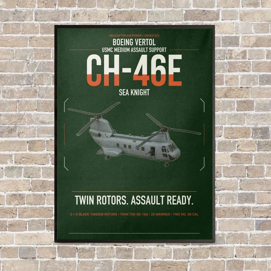 Boeing Vertol CH-46E Sea Knight vertical canvas print - framed - dark green background