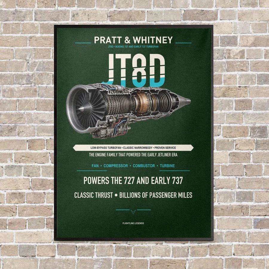 JT8D vertical canvas print - framed - dark green background