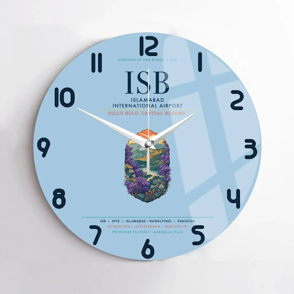 Islamabad International Airport (ISB) design on light blue no frame wall clock
