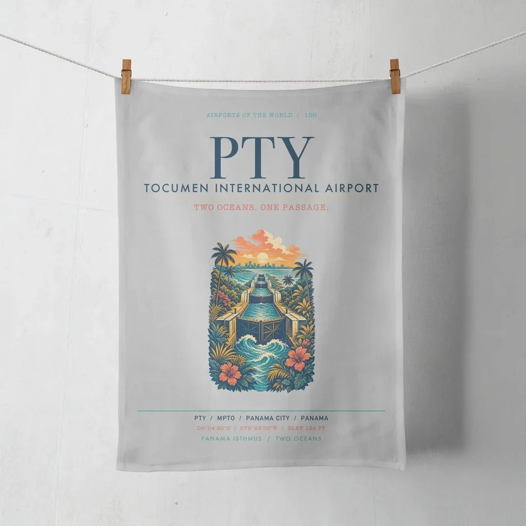 Panama City Tocumen International Airport (PTY) design on light gray towel
