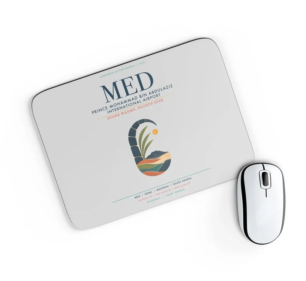Prince Mohammad Bin Abdulaziz International Airport (MED) design on light gray rectangle mouse pad