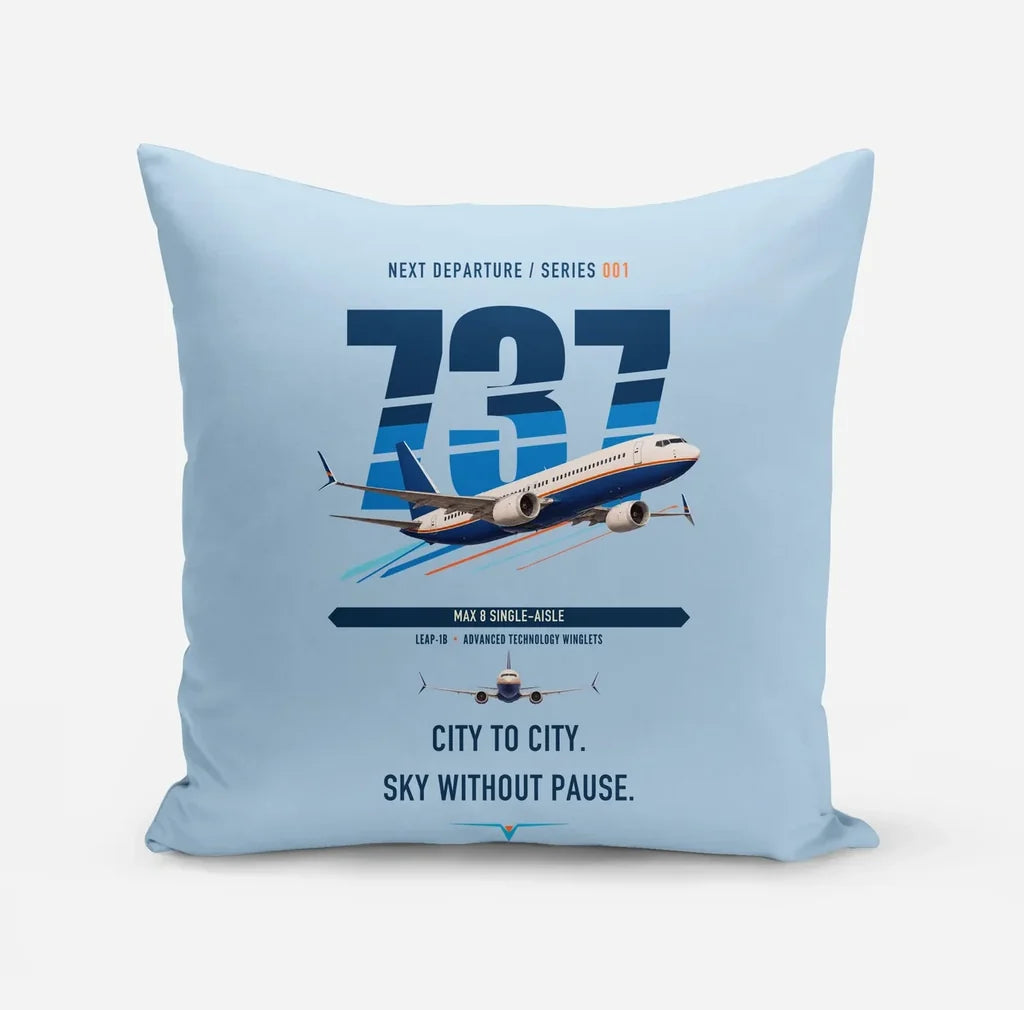 Boeing 737 MAX 8 design on light blue pillow