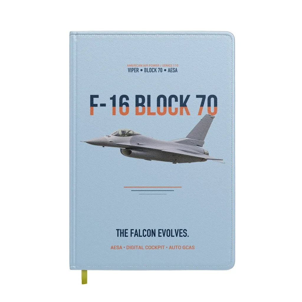 F-16 Block 70 The Falcon Evolves design on light blue notebook