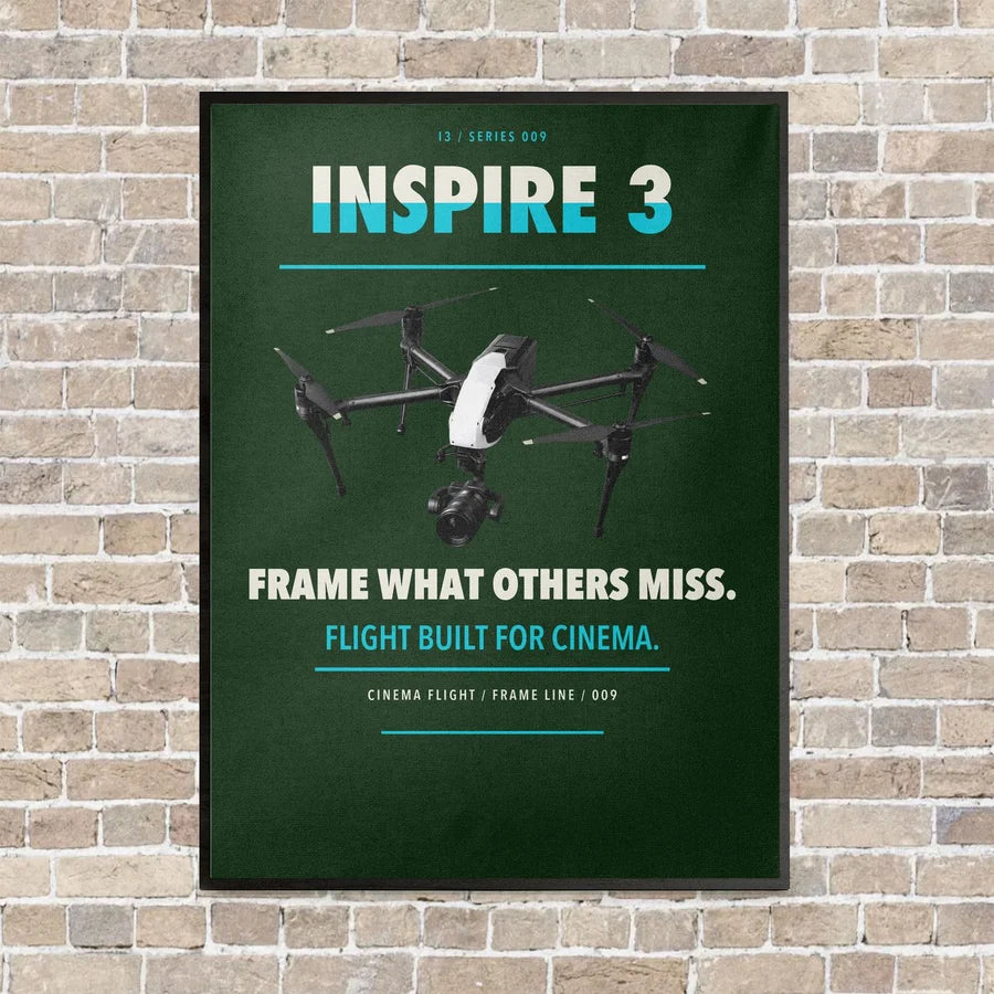 DJI Inspire 3 vertical canvas print - framed - dark green background