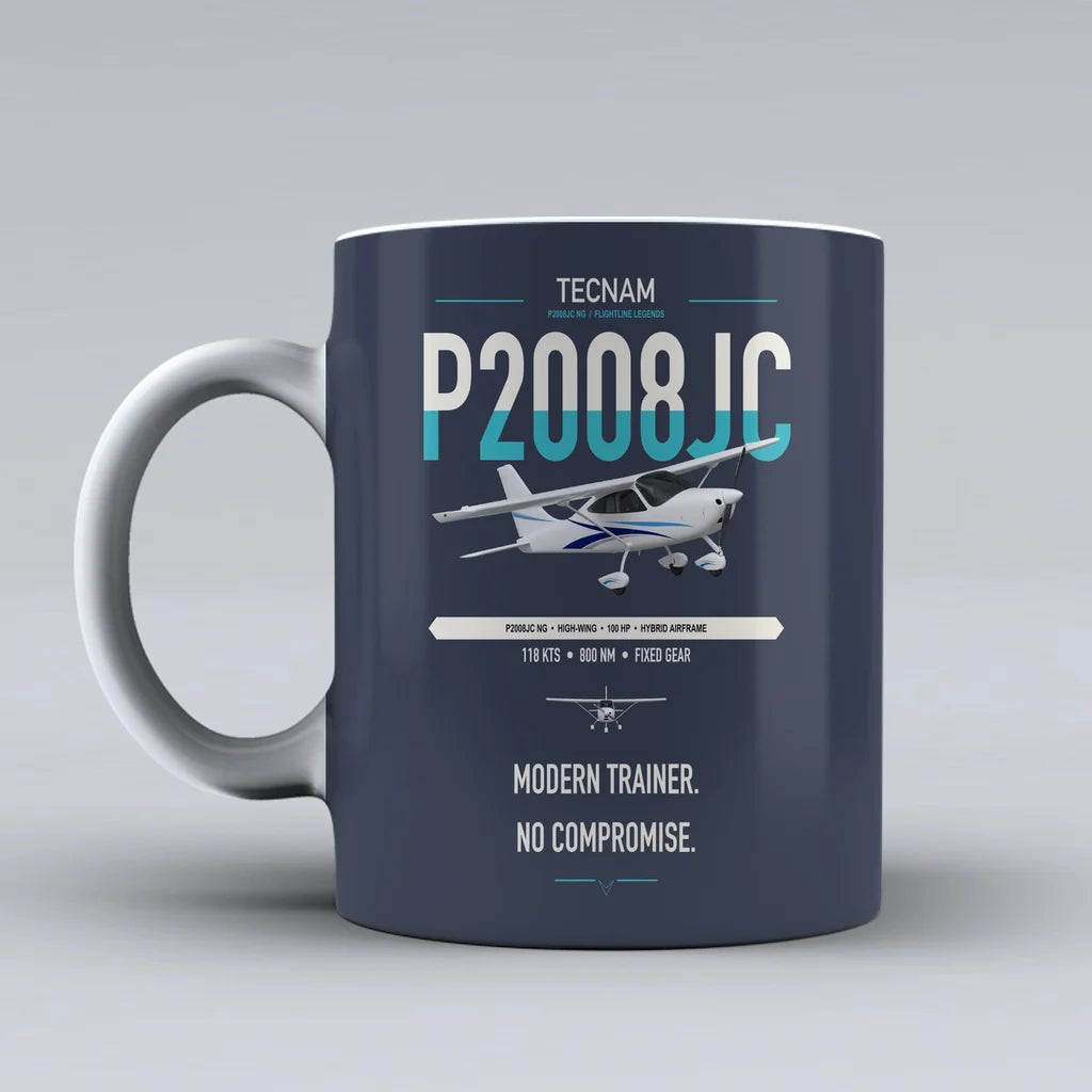 Tecnam P2008JC NG design on dark blue ceramic mug, double-side print