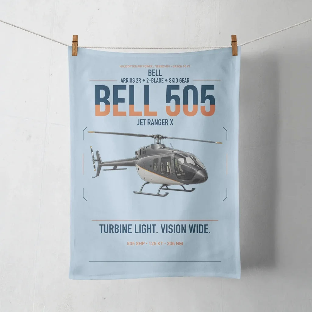 Bell 505 Jet Ranger X design on light blue towel