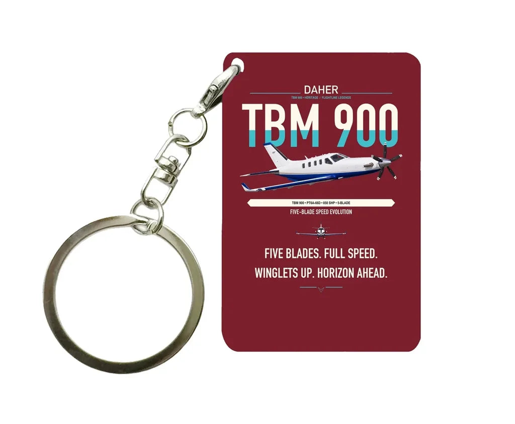 Daher TBM 900 design on dark red designed key chain, double-side print