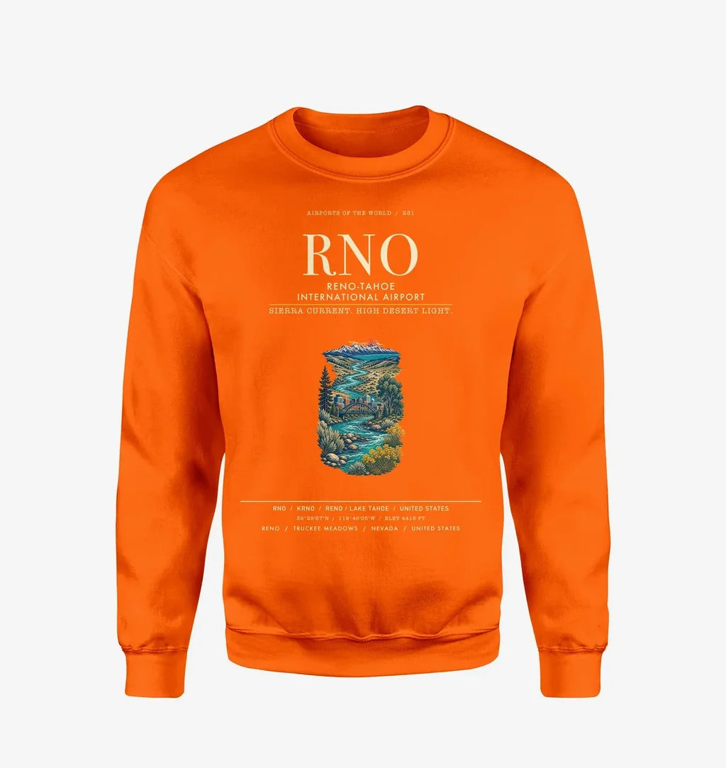 Reno-Tahoe International Airport (RNO) design on orange sweatshirt