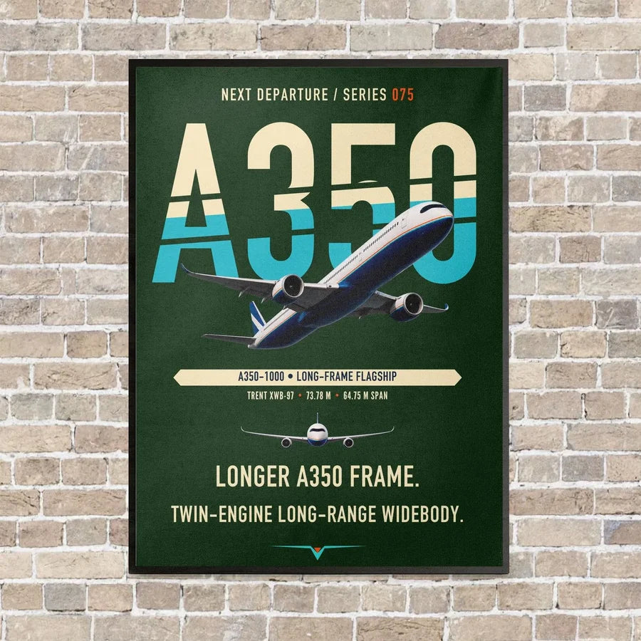Airbus A350-1000 vertical canvas print - framed - dark green background