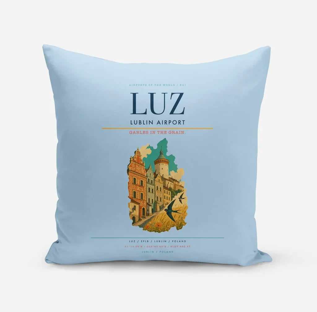 Lublin Airport (LUZ) design on light blue pillow
