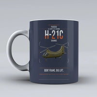Thumbnail for Piasecki H-21C Shawnee design on dark blue ceramic mug, double-side print