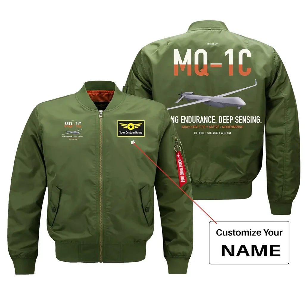 MQ-1C Gray Eagle ER design on green+name bomber jacket, double-side print