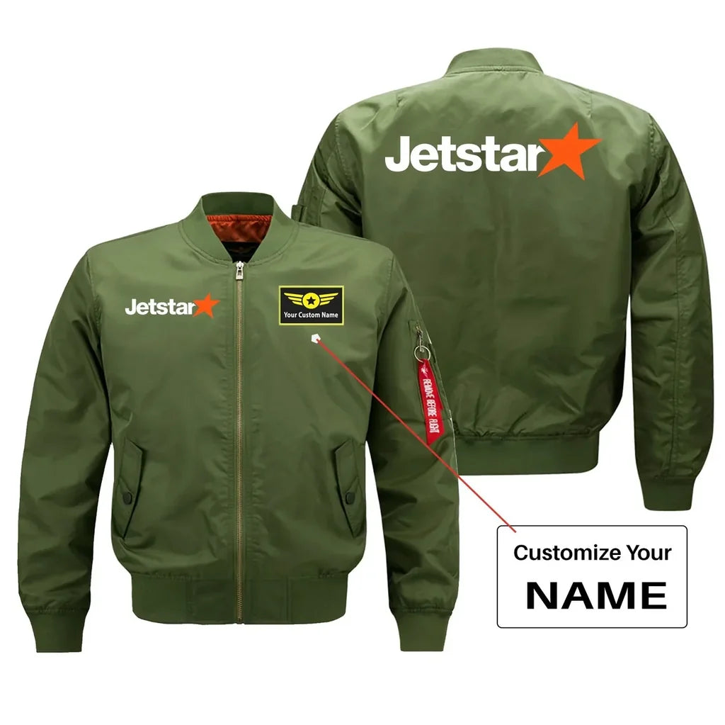 Jetstar Airlines aviation design with custom name embroidered on green bomber jacket
