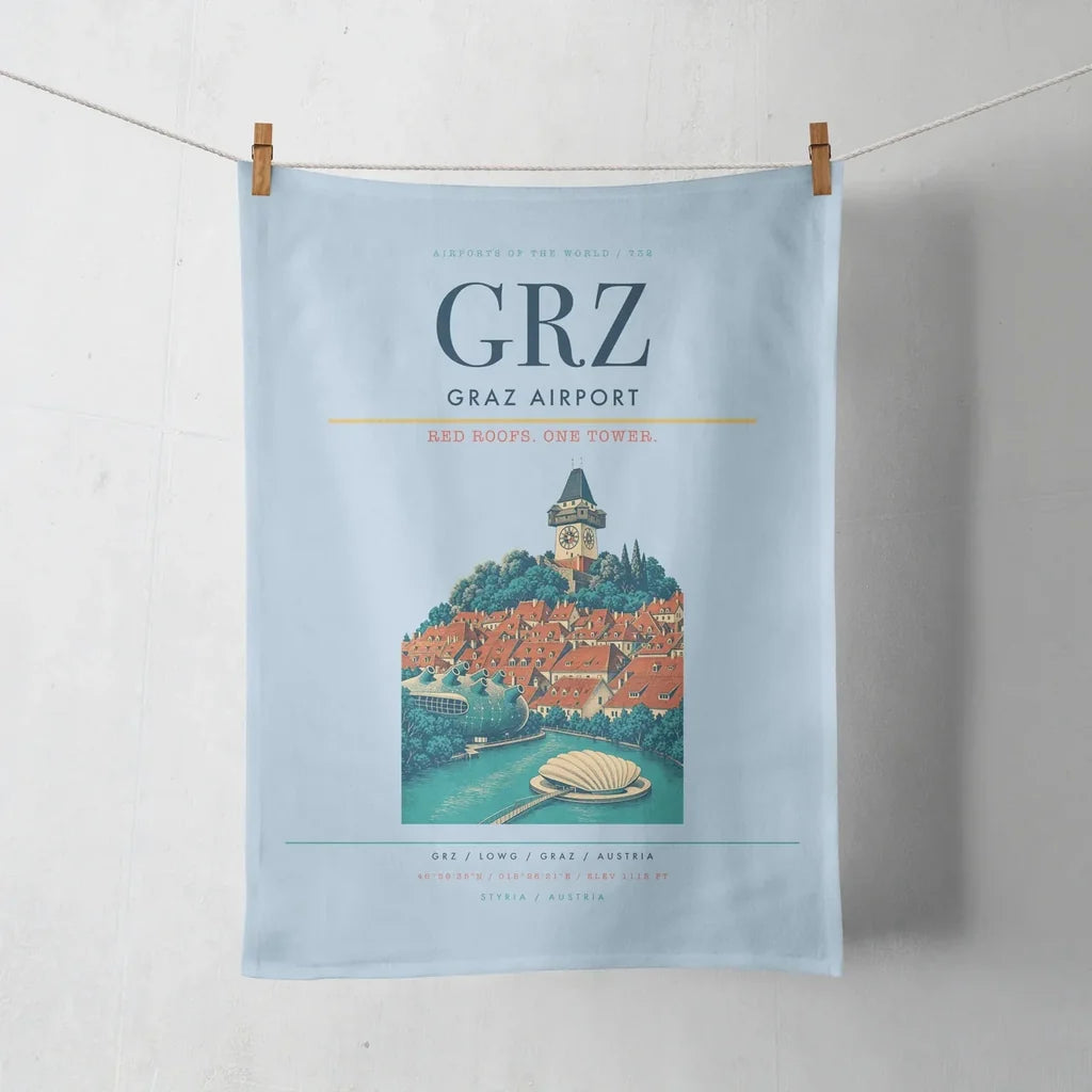 Graz Airport (GRZ) design on light blue towel
