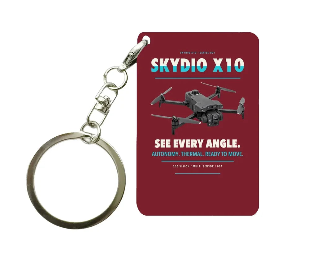 Skydio X10 Key Chain design on dark red key chain