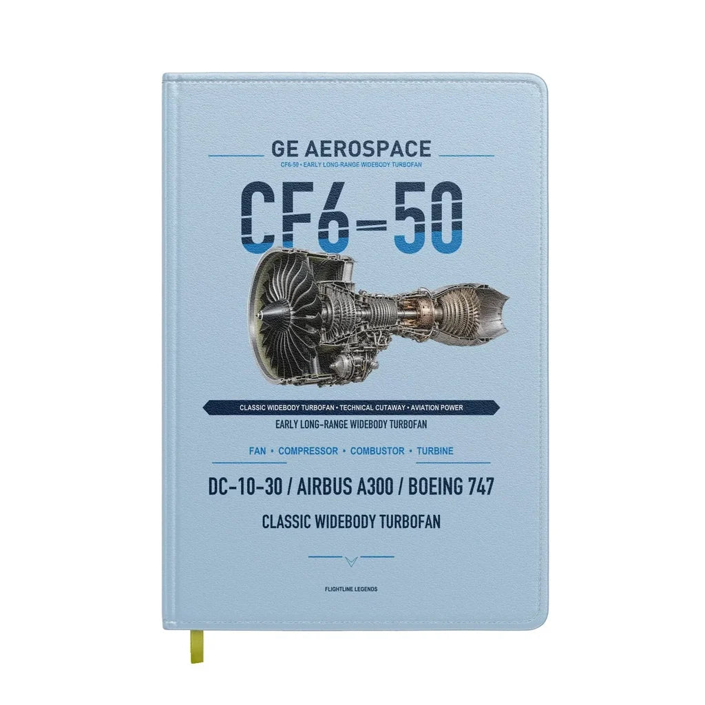 CF6-50 design on light blue notebook