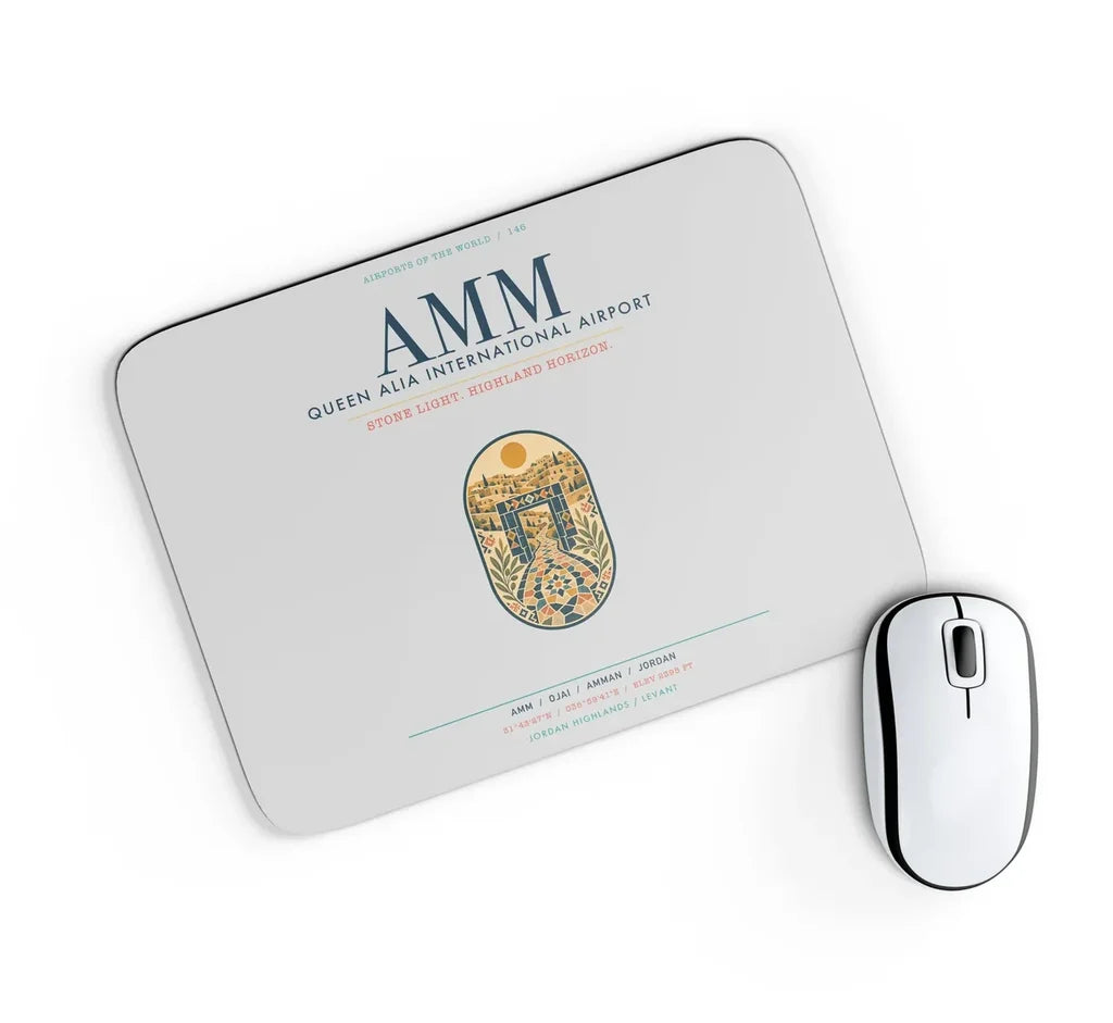 Queen Alia International Airport (AMM) design on light gray rectangle mouse pad
