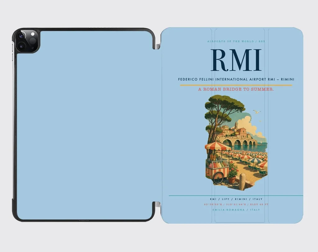 Federico Fellini International Airport (RMI) design on light blue ipad tablet case