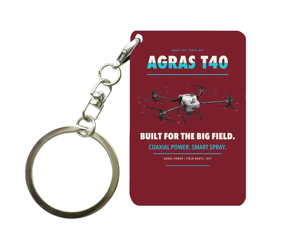 DJI Agras T40 Key Chain design on dark red key chain