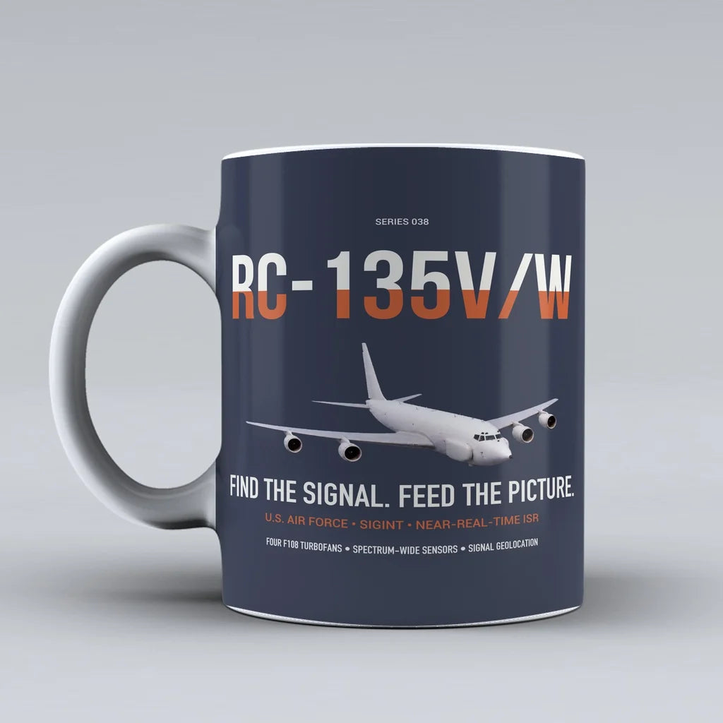 RC-135V W Rivet Joint design on dark blue ceramic mug, double-side print