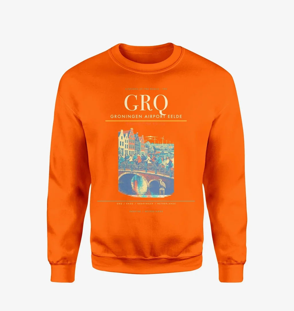 Groningen Airport Eelde (GRQ) design on orange sweatshirt