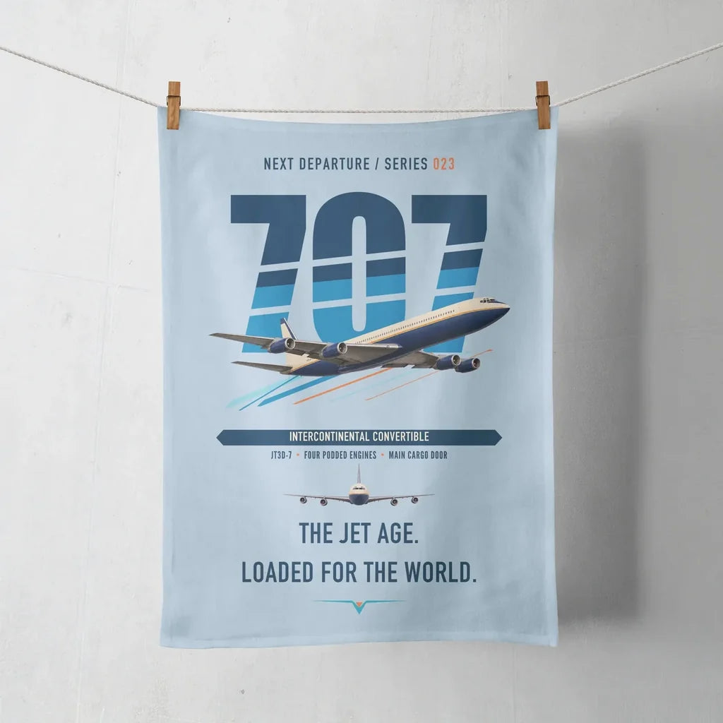 Boeing 707-320C design on light blue towel