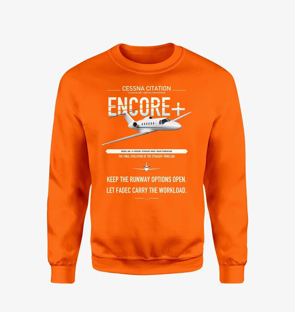 Cessna Citation Encore+ design on orange sweatshirt