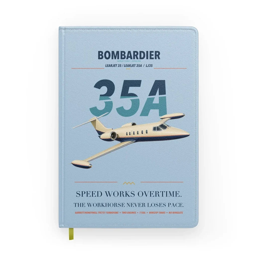 Bombardier Learjet 35A design on light blue notebook