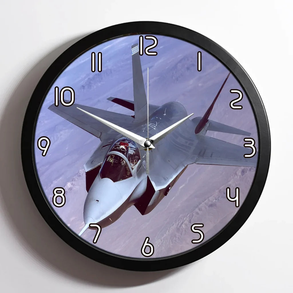 Fighter Jet 35 Captured in the Air aviation design on premium wood and metal wall clock.