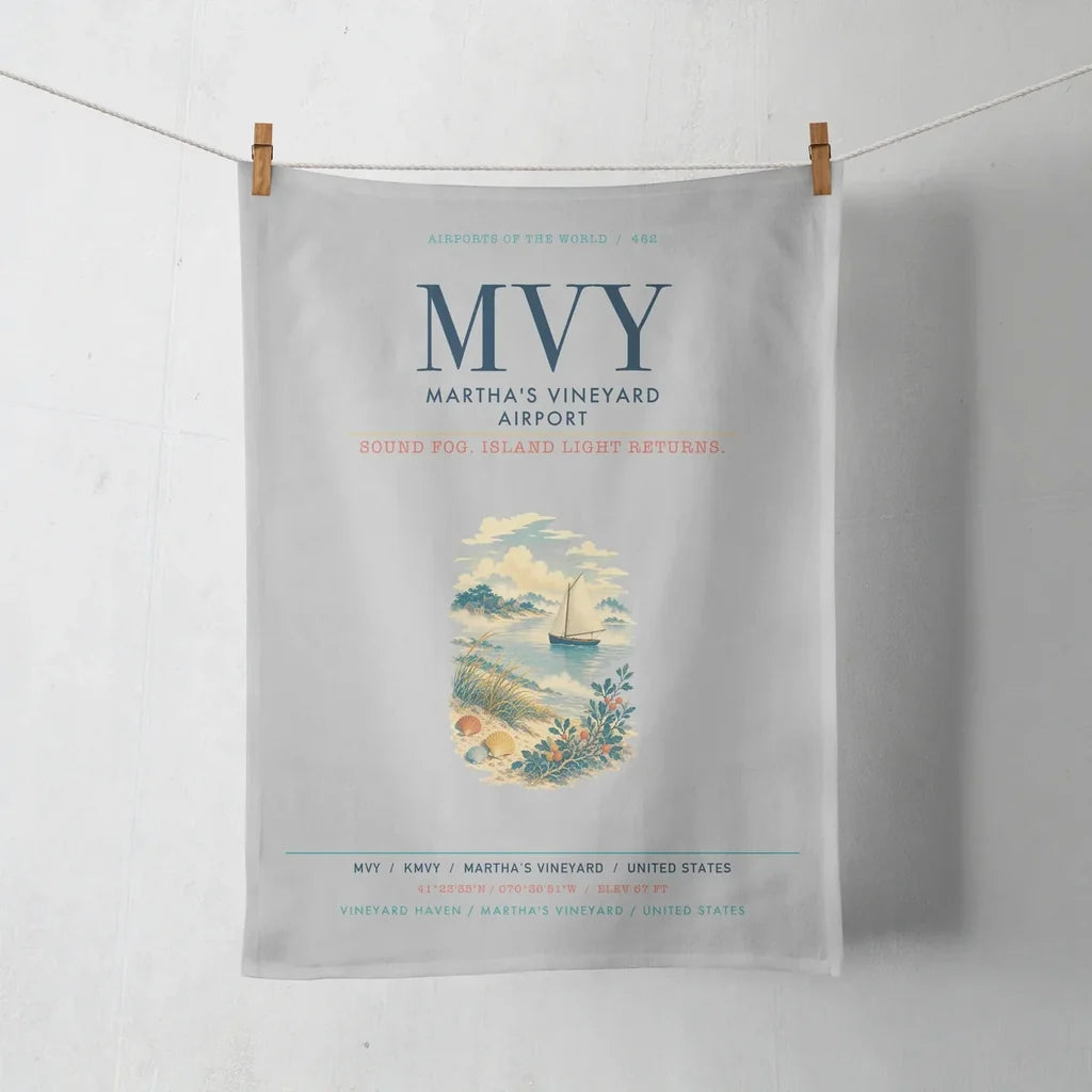 Martha's Vineyard Airport (MVY) design on light gray towel