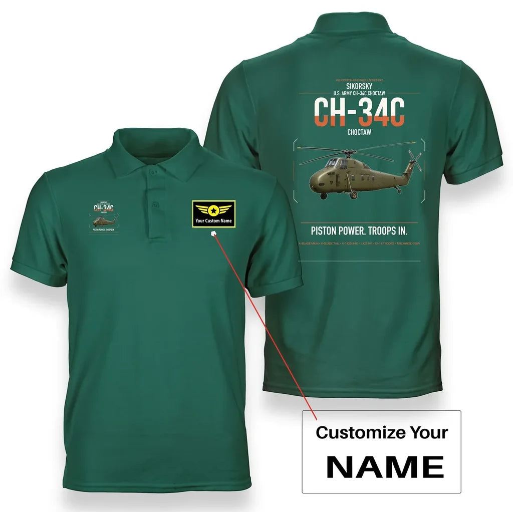 Sikorsky CH-34C Choctaw design on green+name double-side polo t-shirt, double-side print