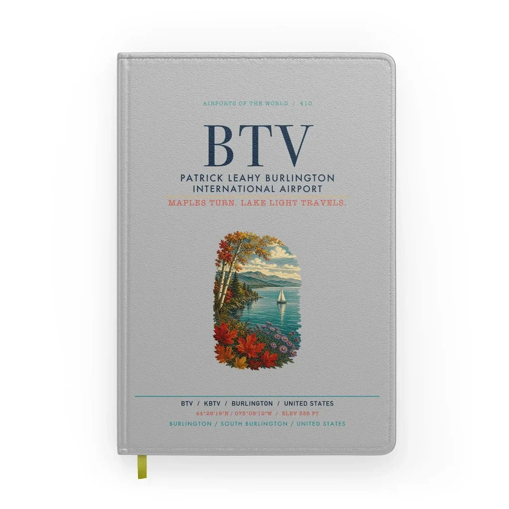 Patrick Leahy Burlington International Airport (BTV) design on light gray notebook