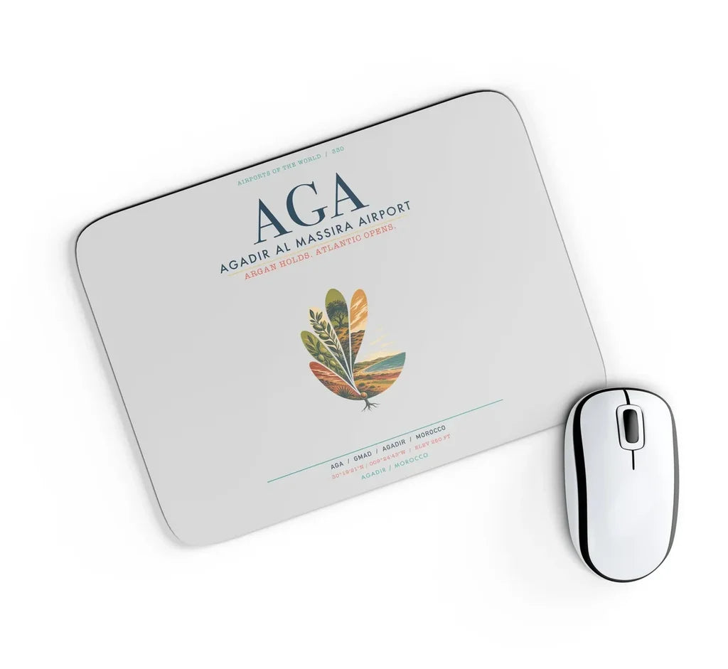 Agadir Al Massira Airport (AGA) design on light gray rectangle mouse pad