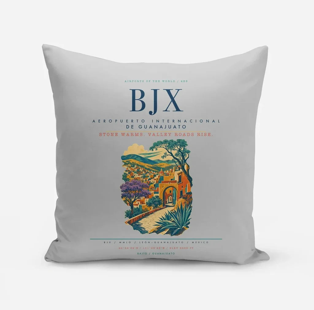 Aeropuerto Internacional de Guanajuato (BJX) design on light gray pillow