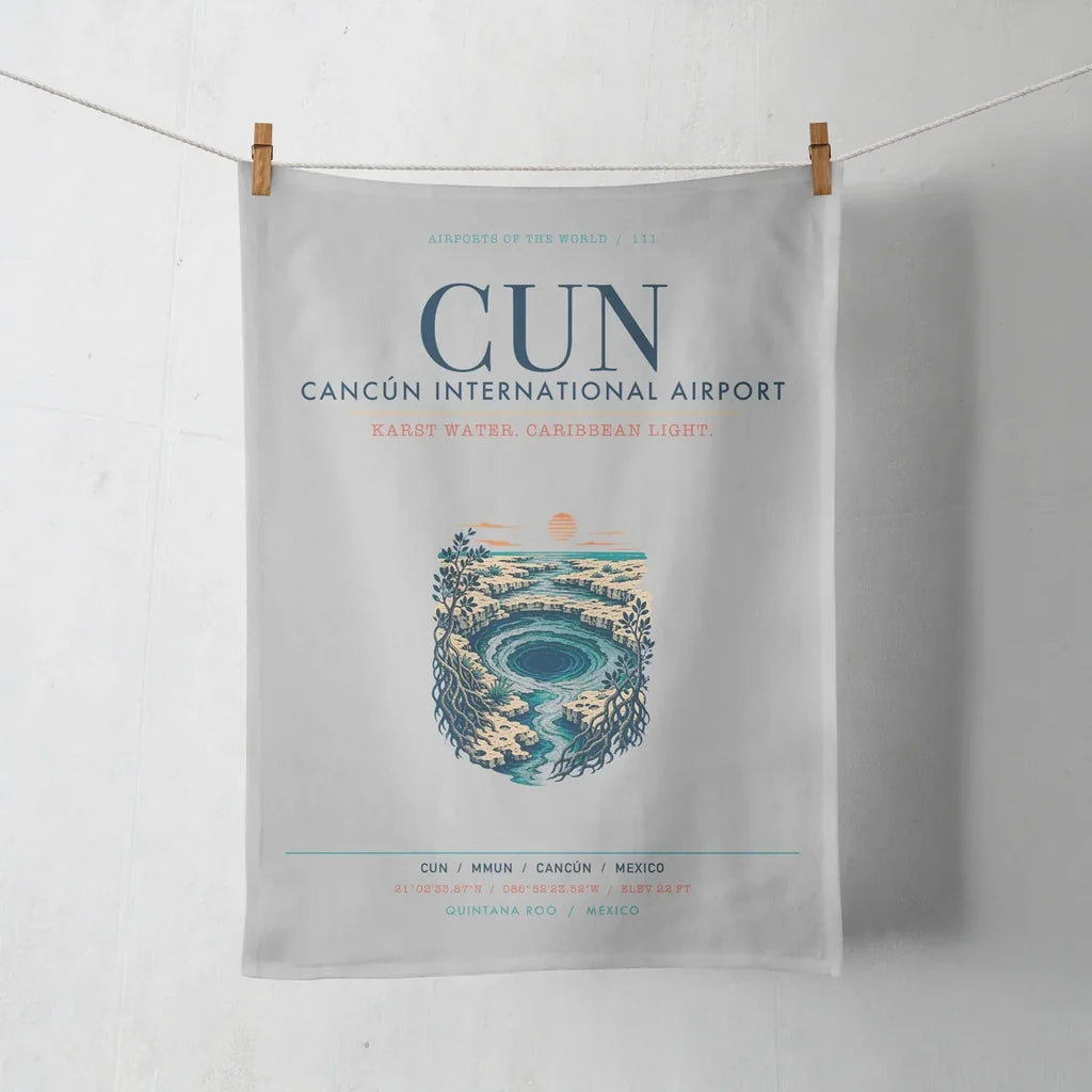 Cancún International Airport (CUN) design on light gray towel