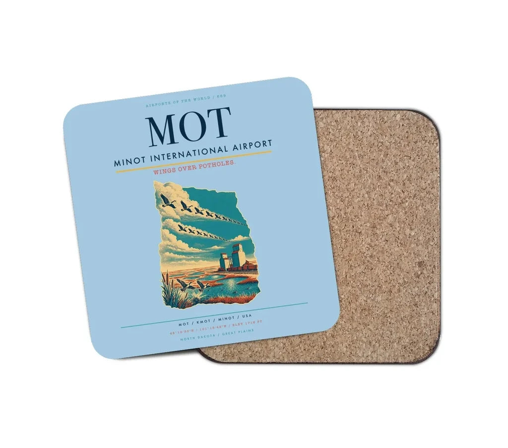 Minot International Airport (MOT) design on light blue 1 piece coaster
