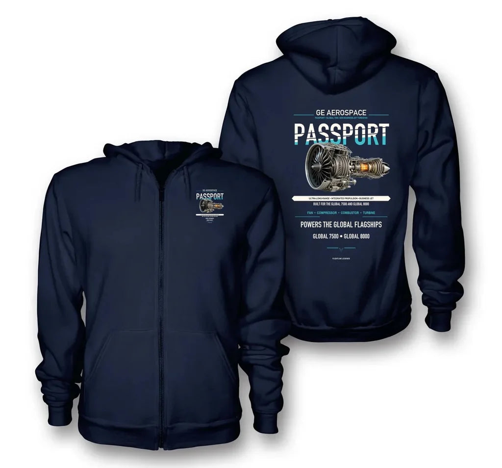 PASSPORT design on navy blue zipped hoodie