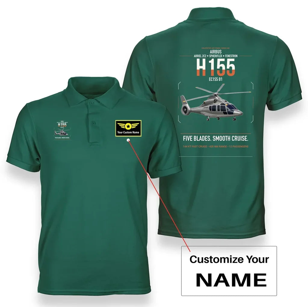 Airbus H155 EC155 B1 design on green+name double-side polo t-shirt, double-side print