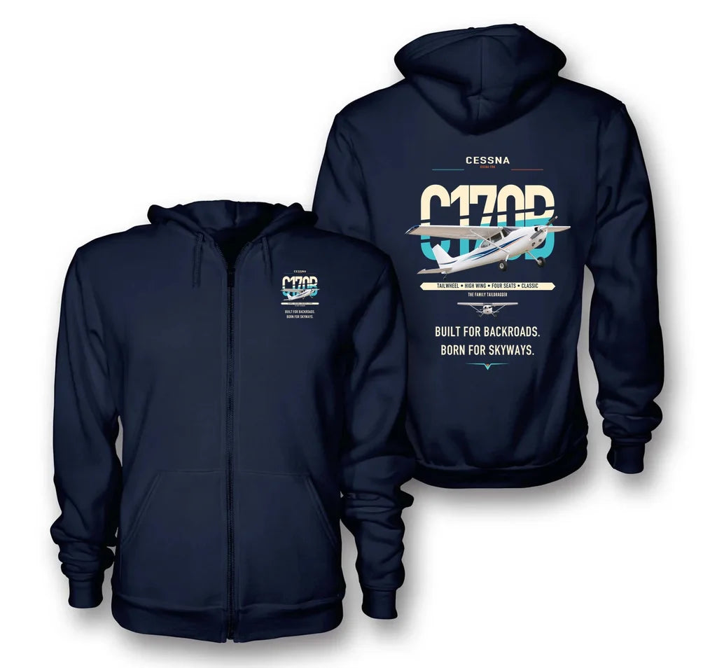 Cessna 170B design on navy blue premium zipped hoodie, double-side print