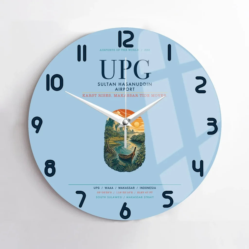 Sultan Hasanuddin Airport (UPG) design on light blue no frame wall clock