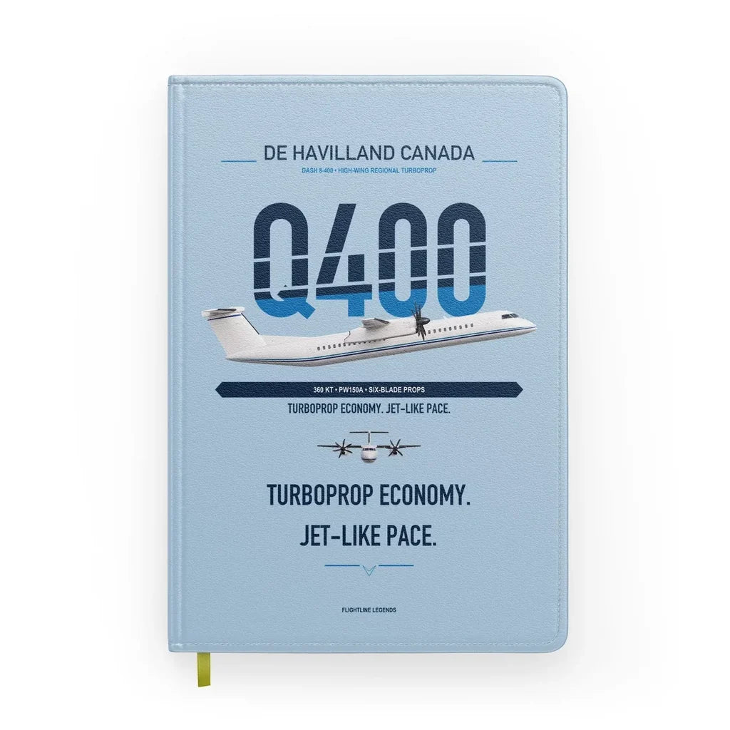 De Havilland Dash 8-400 design on light blue notebook