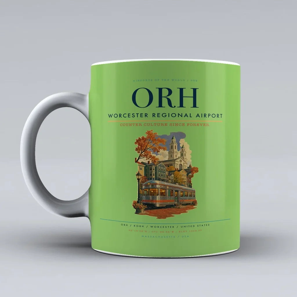 Worcester Regional Airport (ORH) airport code design on light green ceramic mug