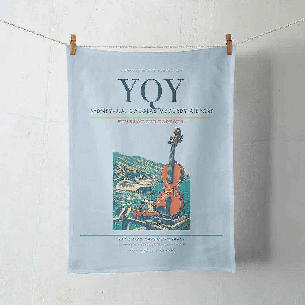 Sydney–J.A. Douglas McCurdy Airport (YQY) design on light blue towel