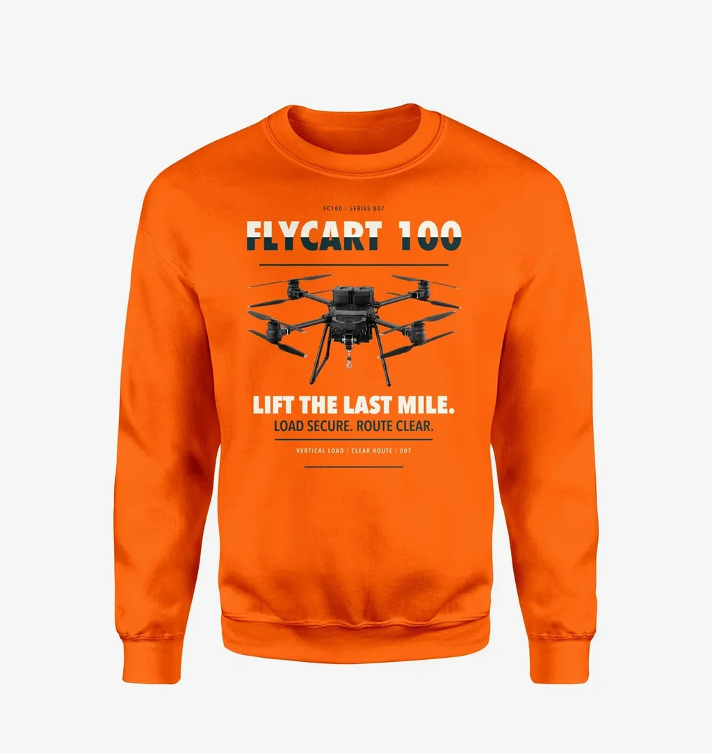 DJI FlyCart 100 design on orange sweatshirt